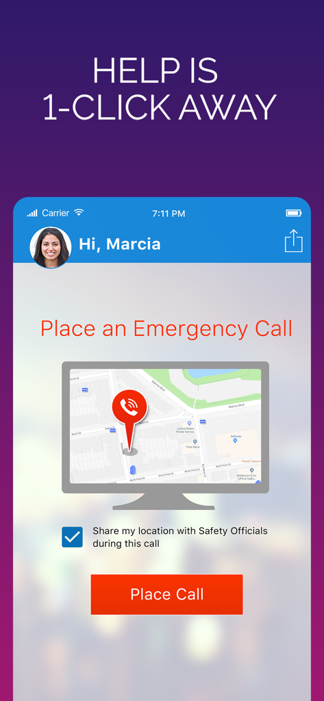 Rave Guardian app interface showing the one-click emergency call feature with location sharing