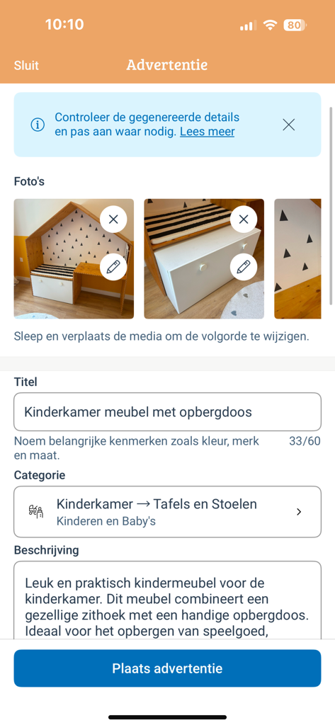 Interface of the Marktplaats app for creating a new item advertisement including photos and description