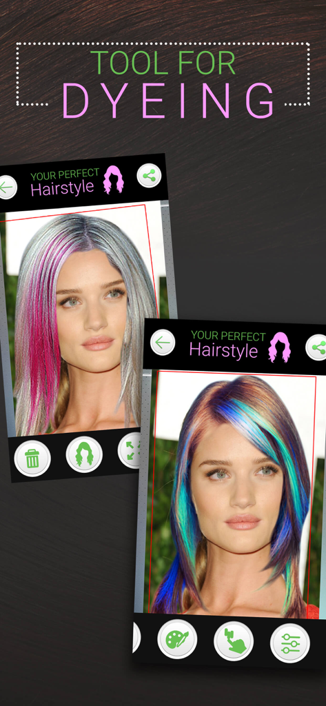 Herramienta virtual para teñir el cabello que muestra filtros de color rosa y azul en una mujer.