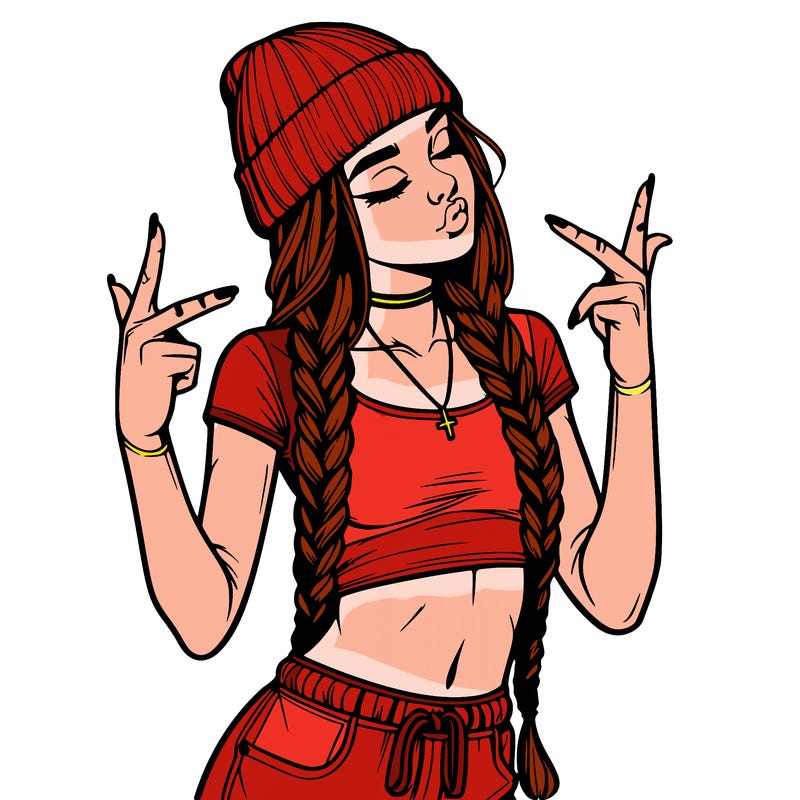 realistic teenage girl with braids and a beanie and crop top doing 🫶🏼