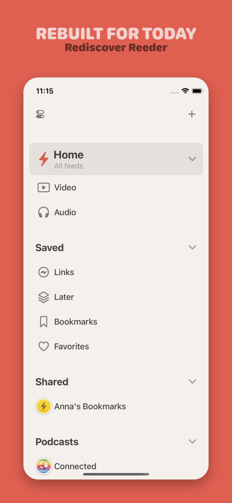 Main navigation menu of the Reeder app showing Home, Saved, Shared, and Podcasts sections on iPhone.