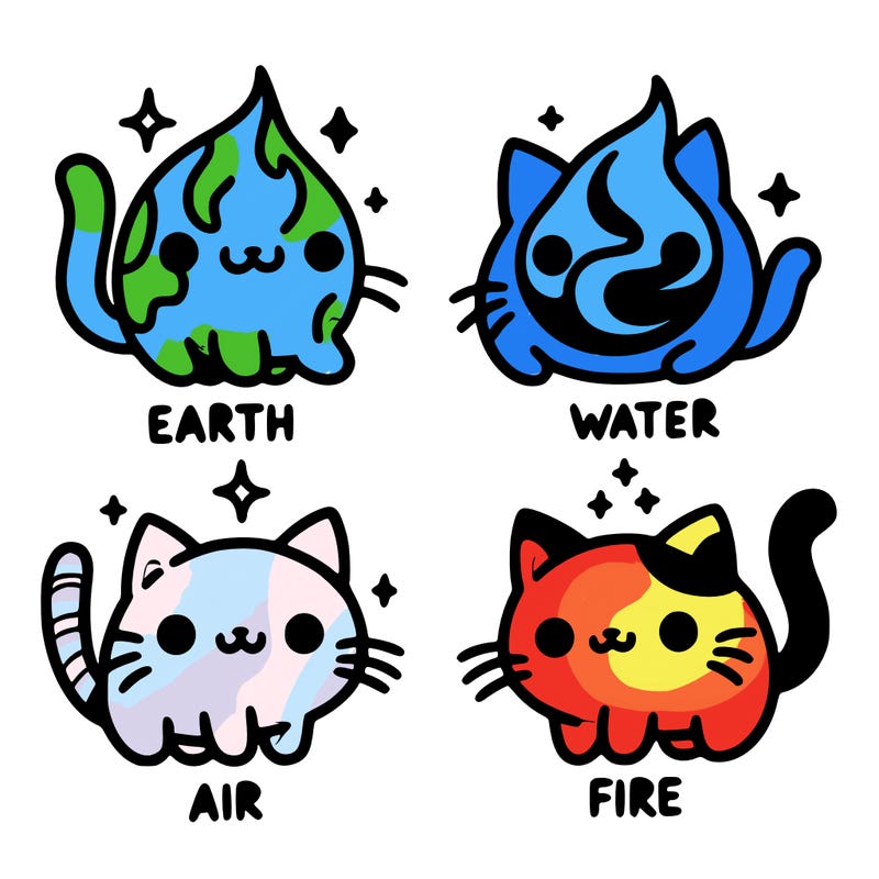 4 cats that represent the different elements, earth, water, air, and fire