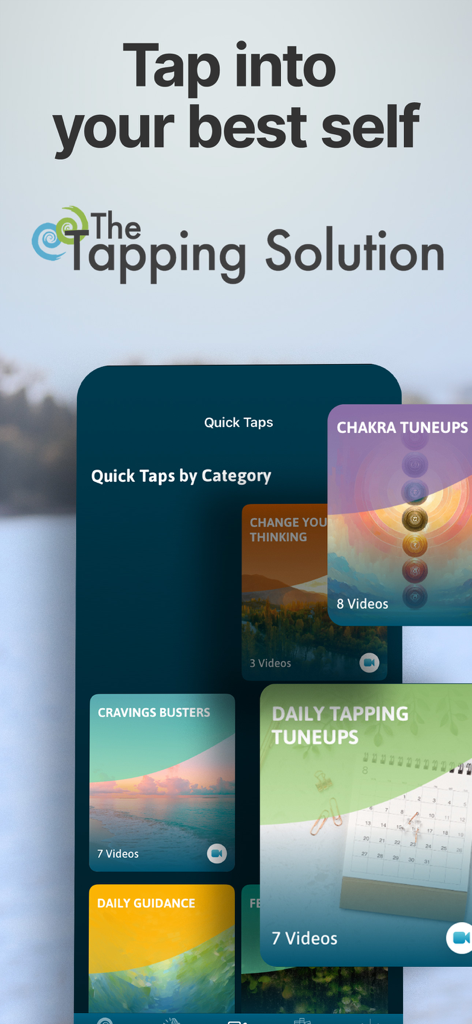 Interface do aplicativo móvel The Tapping Solution mostrando categorias de tapping rápido como Sintonias de Chakra e Quebra de Desejos