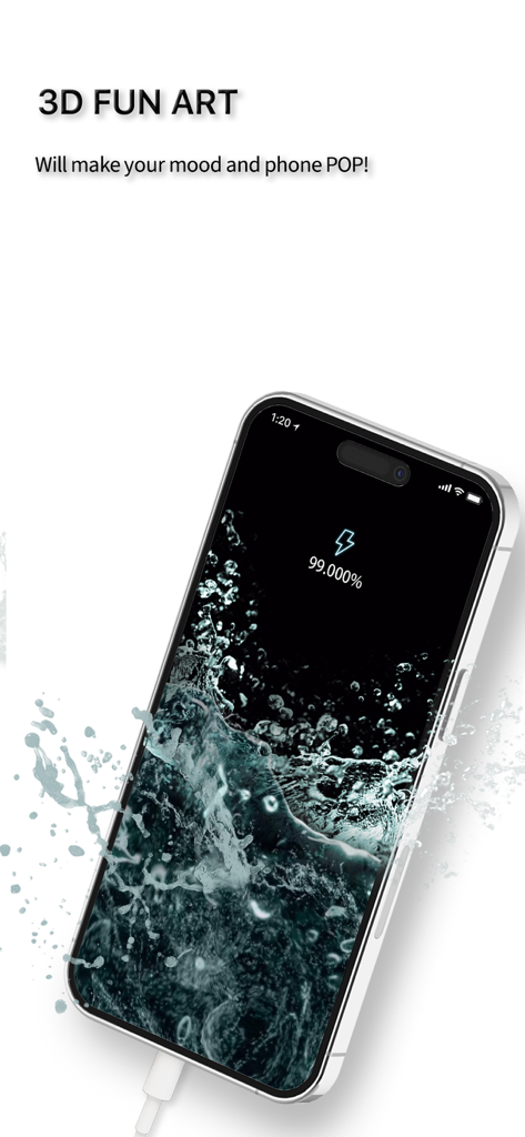 Mimpi-Live Wallpaper&Animation - An iPhone screen displaying a 3D water splash charging animation from the Mimpi app