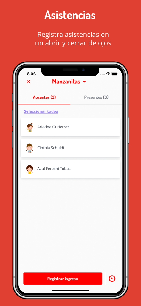 Student attendance management interface on Cuaderno Rojo mobile app