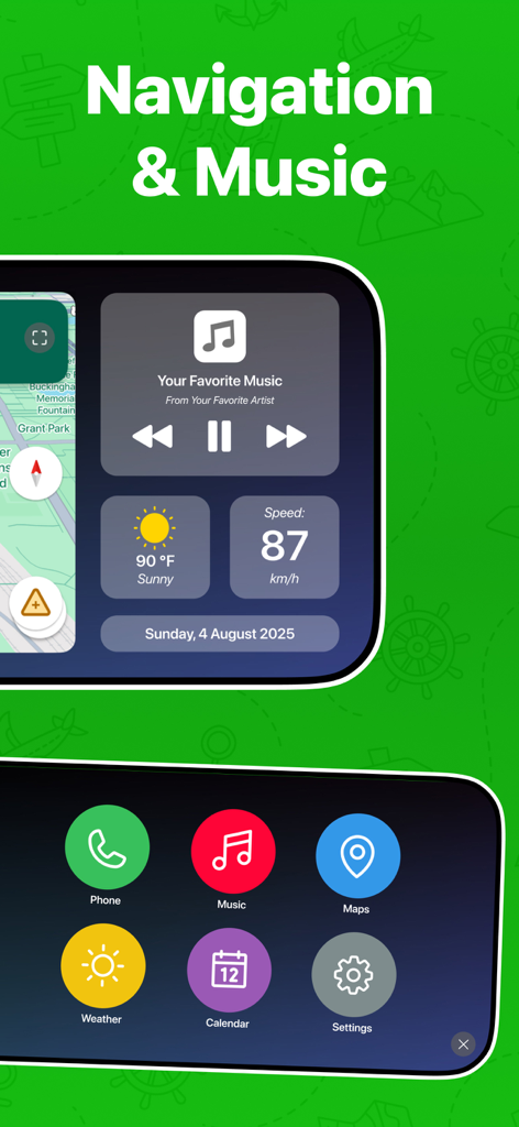 Car Play Connect app interface featuring navigation, music controls, and dashboard widgets