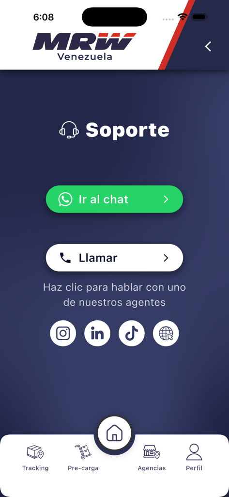 Interface of the MRW Móvil app support section showing contact options via WhatsApp and phone.