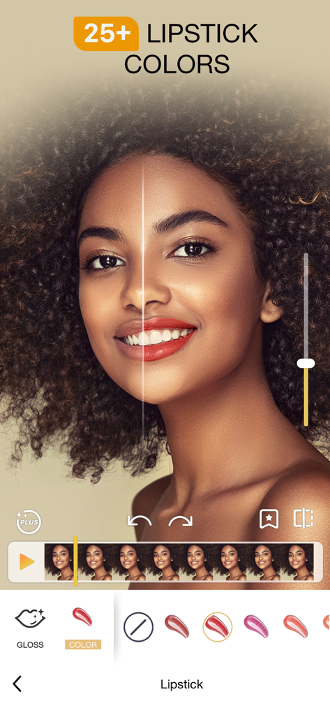 Perfect365 Video Makeup Editor - A woman using the Perfect365 Video app to apply virtual lipstick with a before and after split screen view.