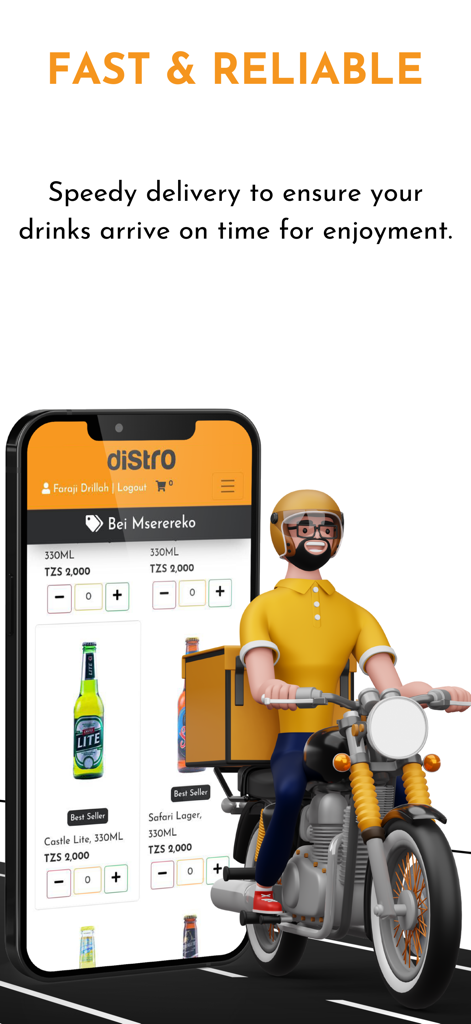 Distro app interface showcasing fast beverage delivery with a 3D rider on a motorcycle