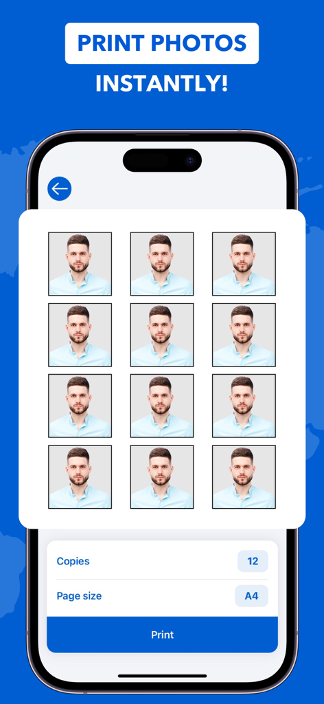 Una pantalla de smartphone mostrando una cuadrícula de 12 fotos de DNI en una página A4 lista para impresión instantánea