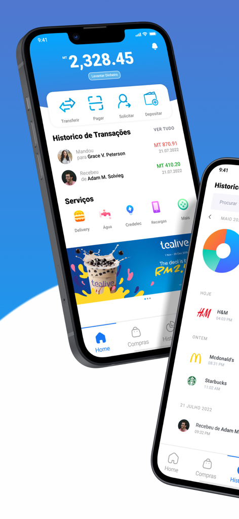 VOLET - Pantallas móviles de la aplicación fintech VOLET que muestran el saldo de la cuenta y el historial de transacciones