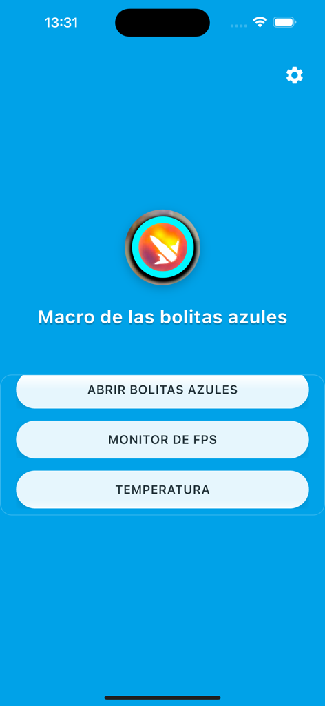 Menú principal de la aplicación Macro de las Bolitas Azules con opciones para monitorización de FPS y control de temperatura