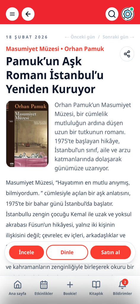 Book.Love - Orhan Pamuk의 Masumiyet Muzesi 책에 대한 세부 정보 및 요약을 표시하고 액션 버튼을 호출하는 모바일 앱 화면