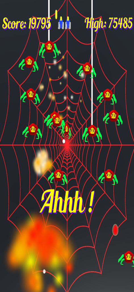 Arachnoids Pro - Gameplay dello sparatutto arcade retrò Arachnoids Pro con ragni spaziali verdi su una ragnatela rossa.