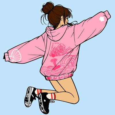 realistic girl jumping with a bun and oversized sweatshirt