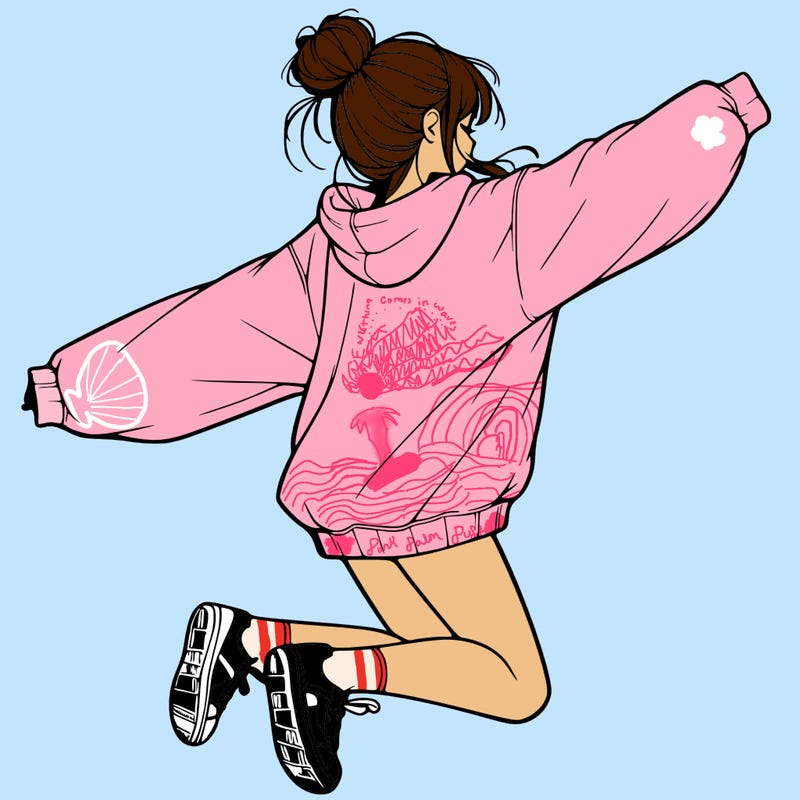 realistic girl jumping with a bun and oversized sweatshirt