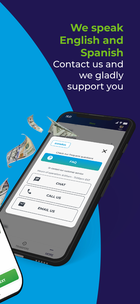 Amigo Paisano - Amigo Paisano App-Bildschirm mit zweisprachigen Kundensupport-Optionen, einschließlich Chat, Anruf und E-Mail