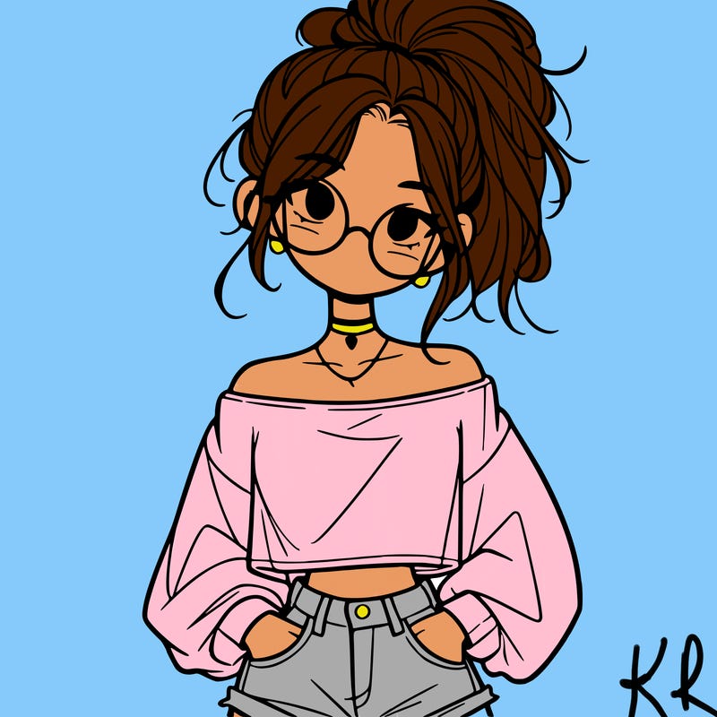 girl with a messy ponytail glasses a baggy crop top and jean shorts
