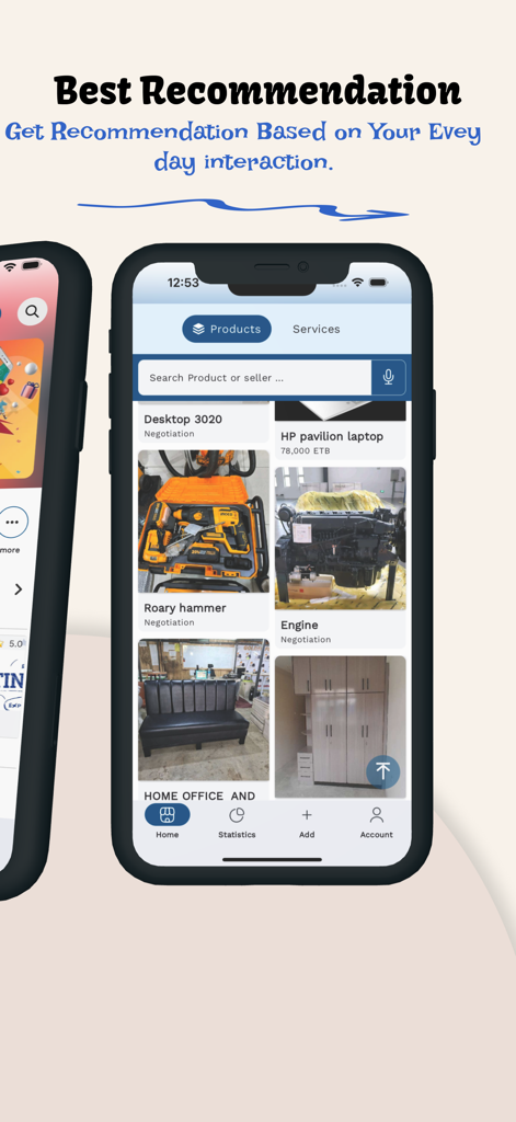 A mobile interface of the Ghioon B2B app showing product recommendations for laptops industrial equipment and office furniture
