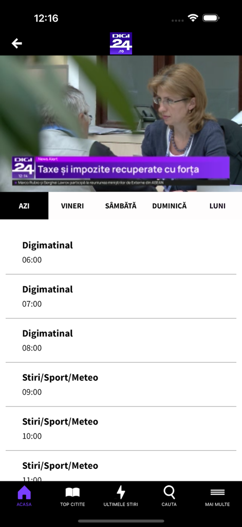 Digi24 - Digi24 mobile app interface displaying a live news stream and a daily television program schedule