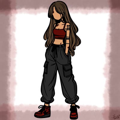 girl in baggy pants crop top and long hair