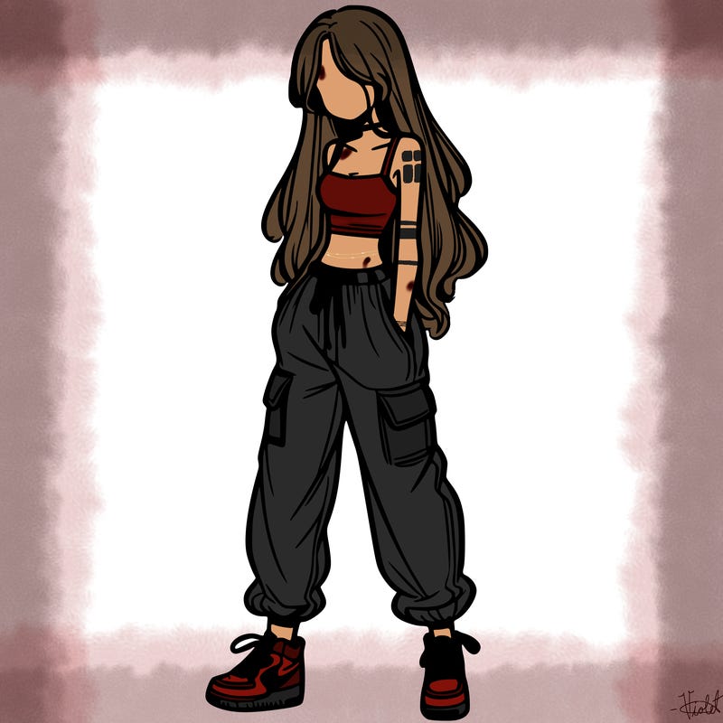 girl in baggy pants crop top and long hair