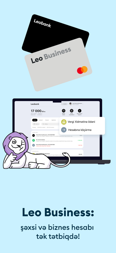 Leobank mobile and web interface showcasing personal and business account management with credit cards and mascot.