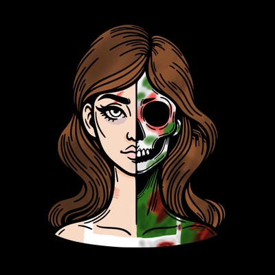 bust of a woman, half face and hair, half skull