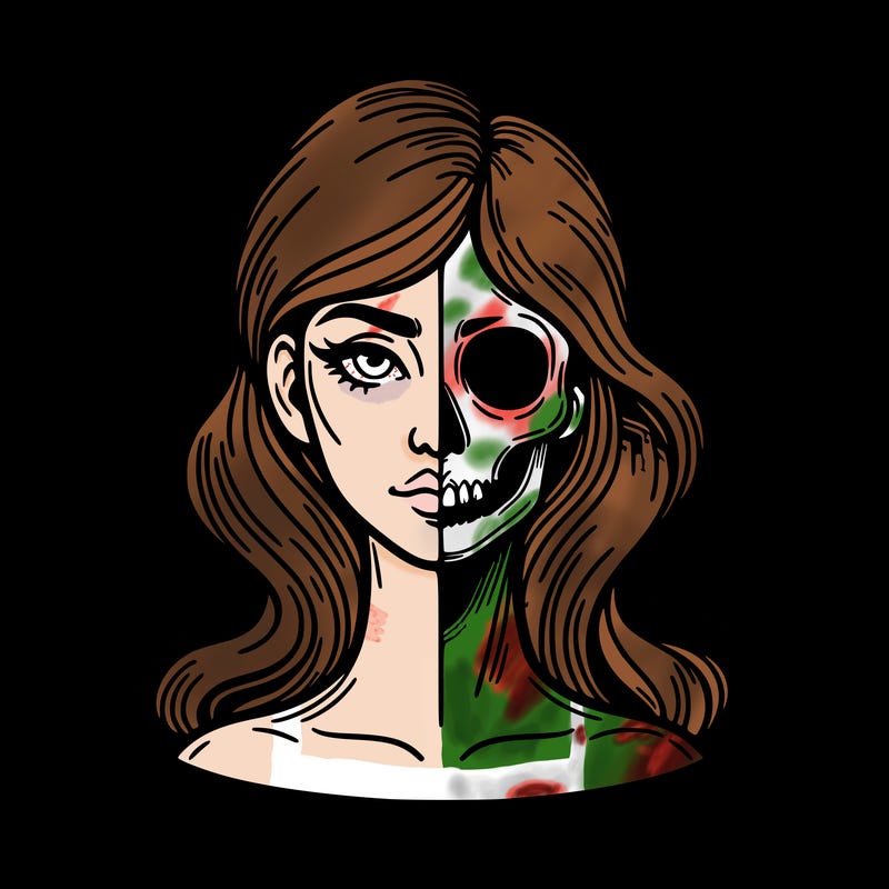 bust of a woman, half face and hair, half skull