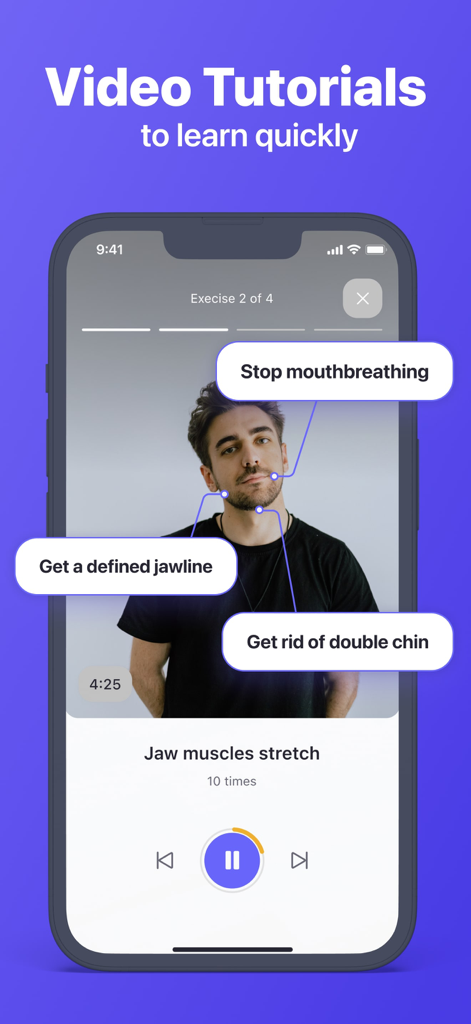 Mobile app interface showing a video tutorial for facial exercises to improve jawline and posture