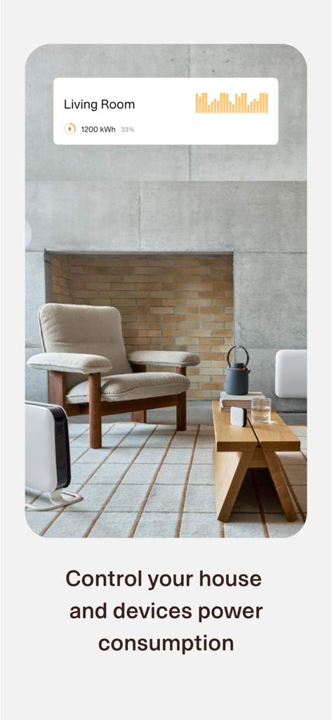 Modern living room with Mill heaters showing an app overlay for energy consumption statistics