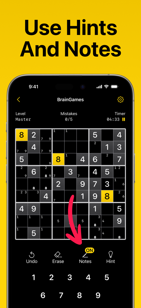 Sudoku Logic Puzzle BrainGames - Sudoku game interface highlighting the hints and notes features on a master difficulty level