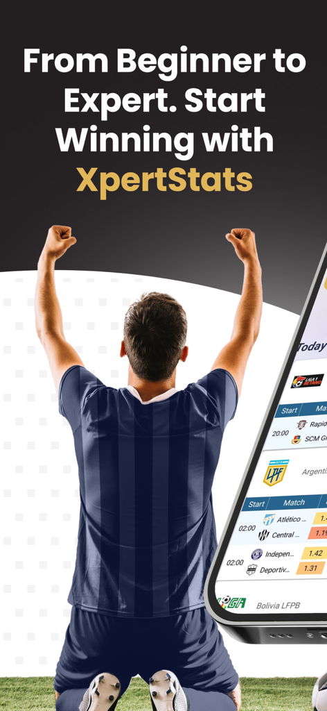 XpertStats Betting Tips - Soccer player celebrating a win with the XpertStats app showing daily betting odds