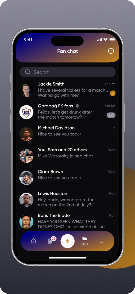 Qarabagh FK - Fan chat screen of the Qarabagh FK mobile app showing various community chat conversations and message notifications.
