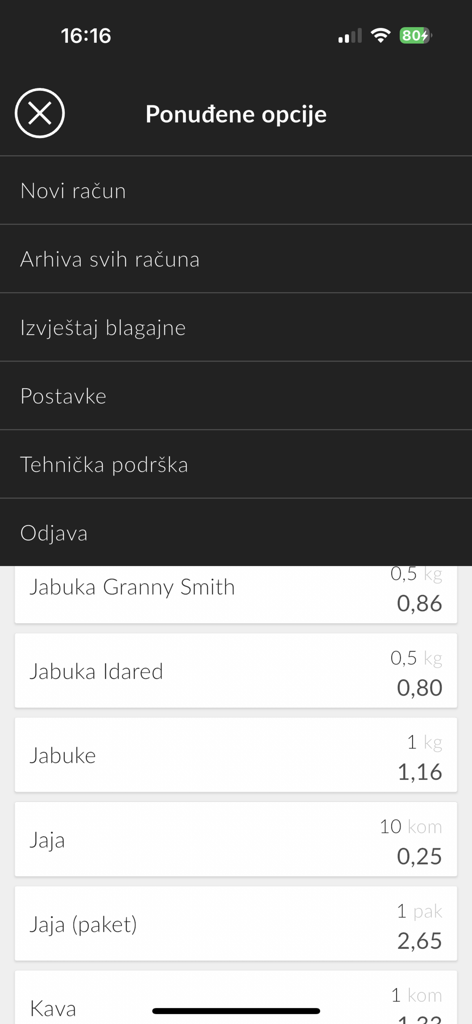 Mobilna fiskalna - Mobilna fiskalna App-Menü mit Optionen für Fiskalrechnungen über einer Liste von Lebensmitteln und Preisen