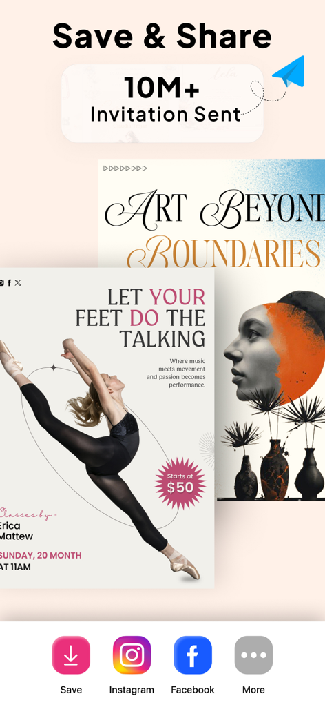 Invitation Card Maker . RSVP - App interface for saving and sharing custom invitations to Instagram and Facebook