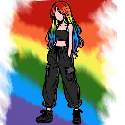 girl in baggy pants crop top and long hair