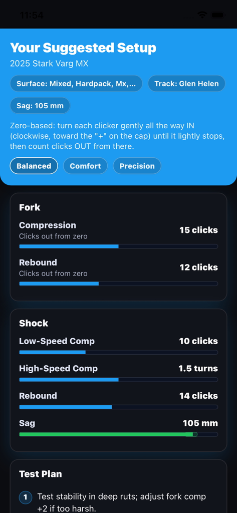 Dialed Offroad - Suggested dirt bike suspension tuning results with fork and shock settings
