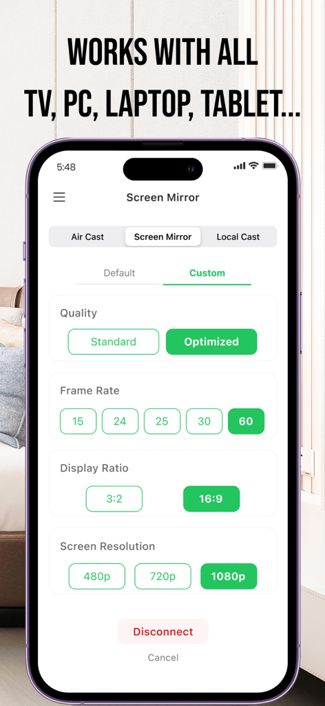 Pantalla de iPhone que muestra ajustes personalizados de duplicación de pantalla para calidad, velocidad de fotogramas y resolución