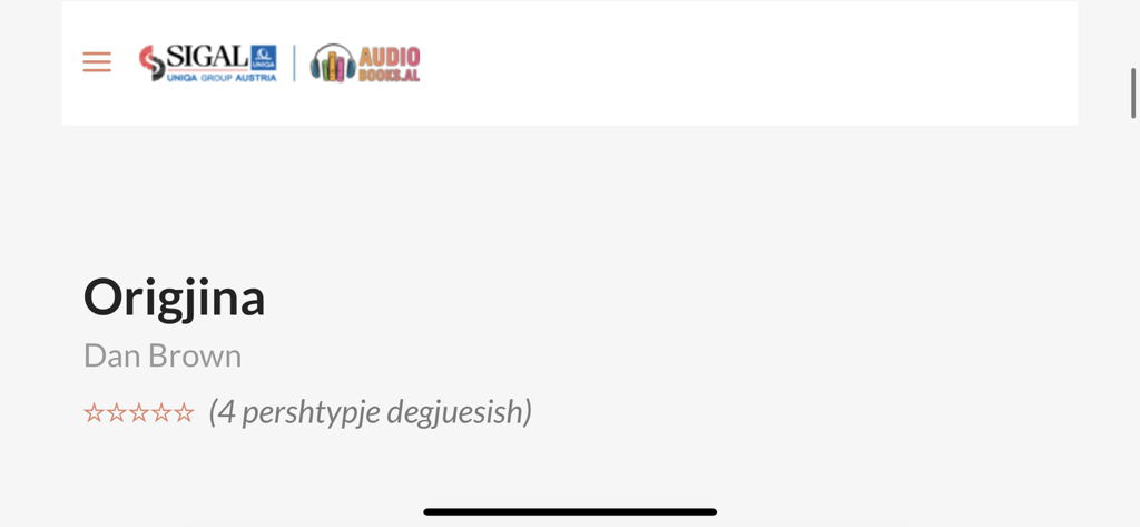 Sigal Hörbücher App-Oberfläche mit dem Buch Origjina von Dan Brown