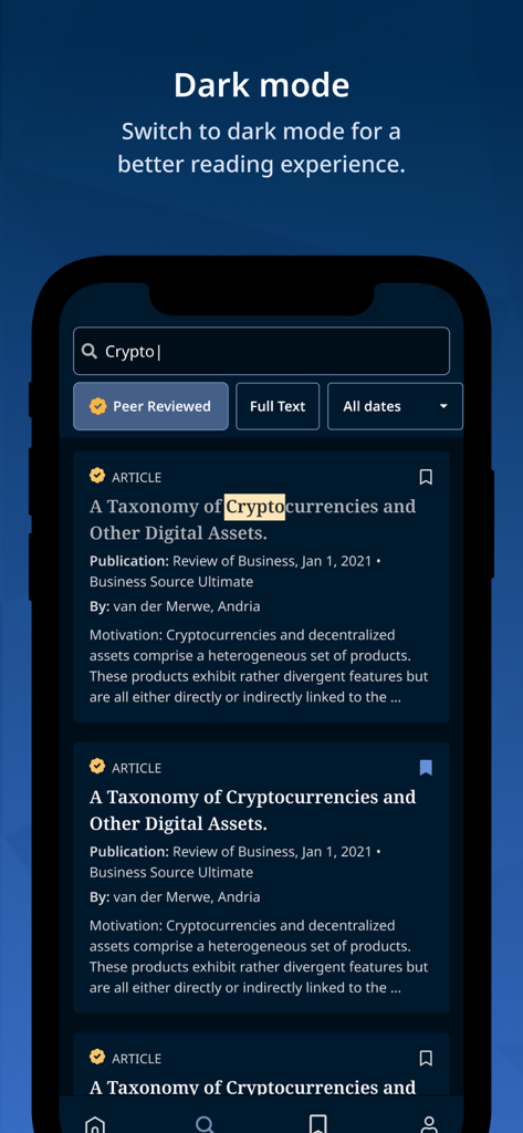 EBSCO Mobile - EBSCO Mobile app interface in dark mode showing a list of peer reviewed academic articles about crypto