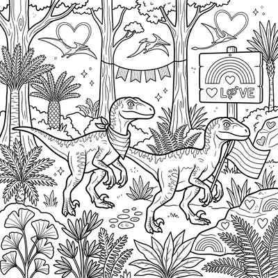 Dive into a prehistoric world where mighty velociraptors celebrate Pride Month! This unique coloring page blends ancient habitats with symbols of love and diversity for an unforgettable experience.