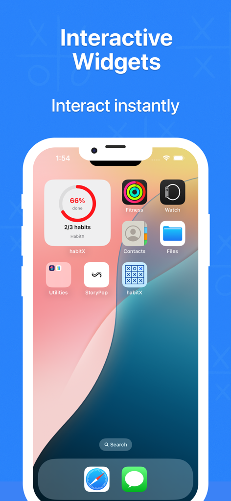 HabitX app interactive widgets on an iPhone home screen showing habit completion progress and a grid tracker.