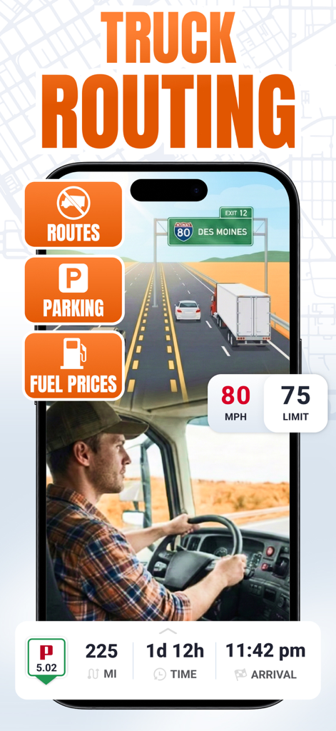 Trucker Guide: Truck GPS Maps - Smartphone zeigt die Trucker Guide App-Oberfläche mit LKW-spezifischer Routenplanung, Parkplätzen und Kraftstoffpreisen.