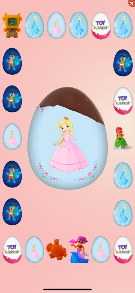 Surprise Eggs - La schermata di un gioco per bambini che mostra l'apertura di un uovo di cioccolato a sorpresa a tema principessa.