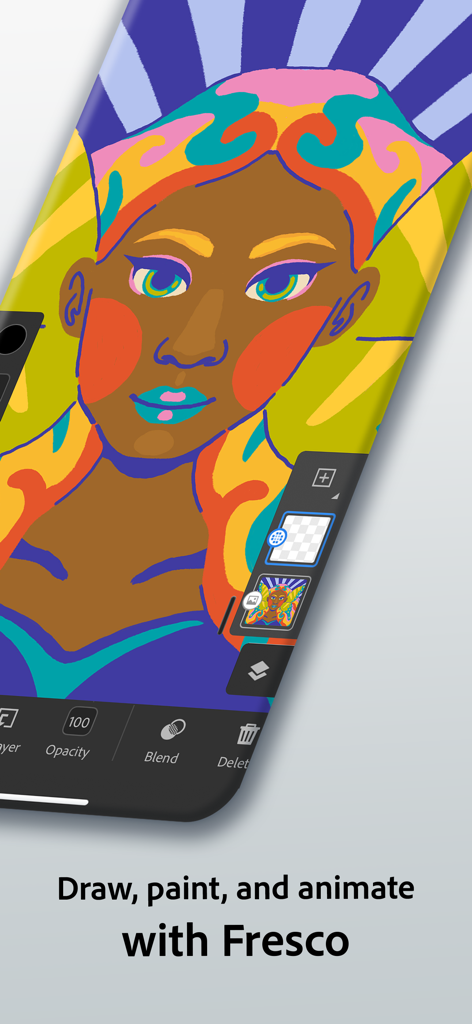 Digitale Illustration einer Frau in der Adobe Fresco App auf einem Smartphone