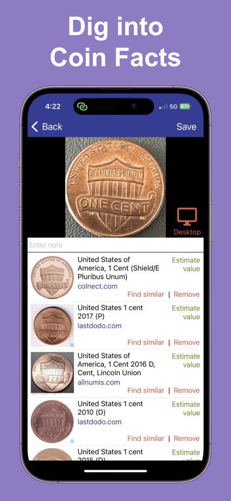 Coinoscope app interface displaying search results and market value estimates for a US penny.