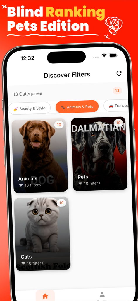 A screenshot of the Blind Ranking app showing various pet and animal filters