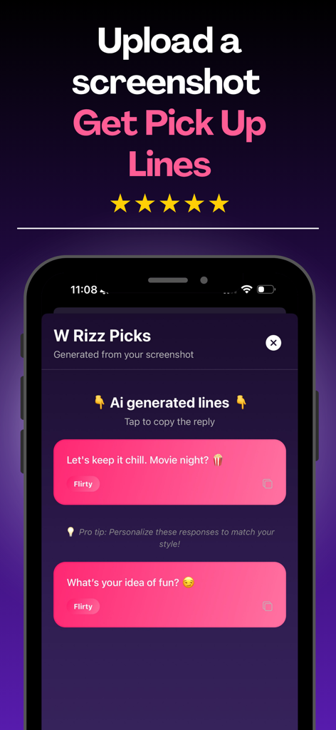 W Rizz: AI Dating Assistant - Interfaz de la aplicación W Rizz mostrando líneas de ligue generadas por IA y sugerencias de mensajes