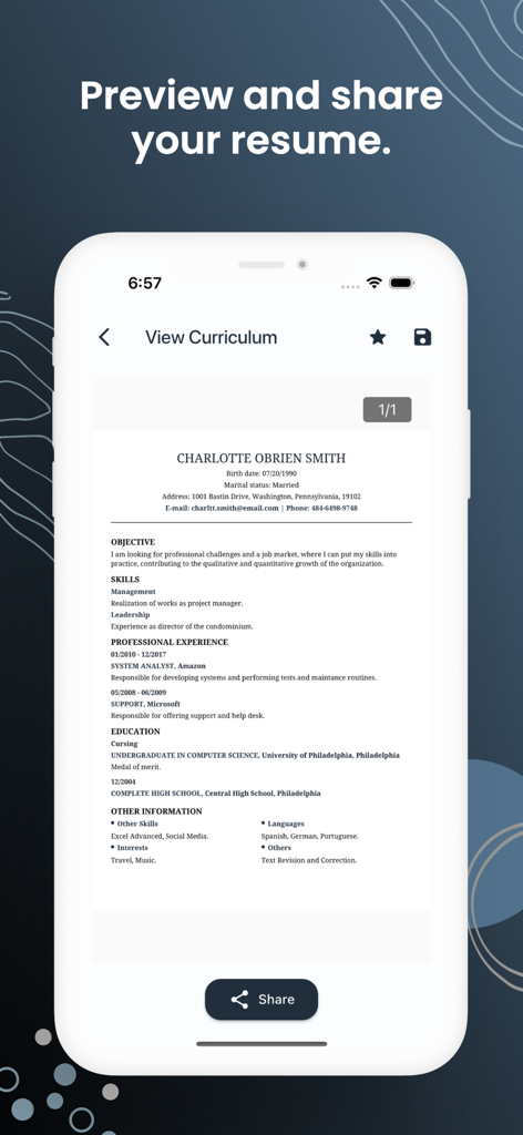 Quick & Easy Resume Builder CV - 履歴書作成アプリで、プロフェッショナルな履歴書のプレビューと共有オプションを示す携帯電話の画面